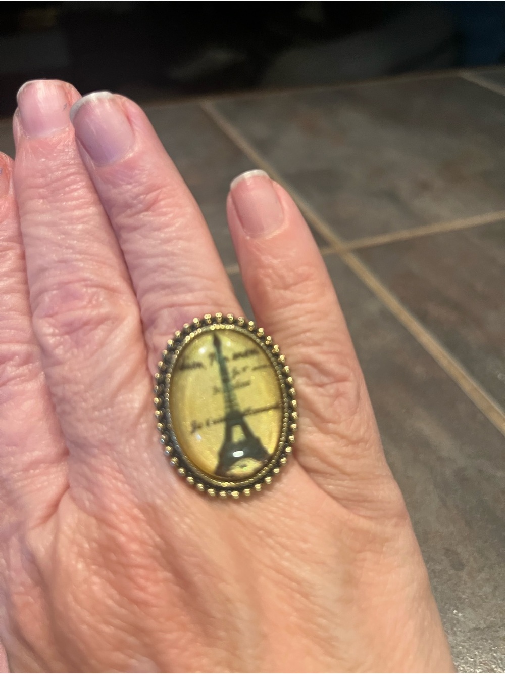 Eiffel Tower Oval Statement Ring in Antique Gold Tone- size 8